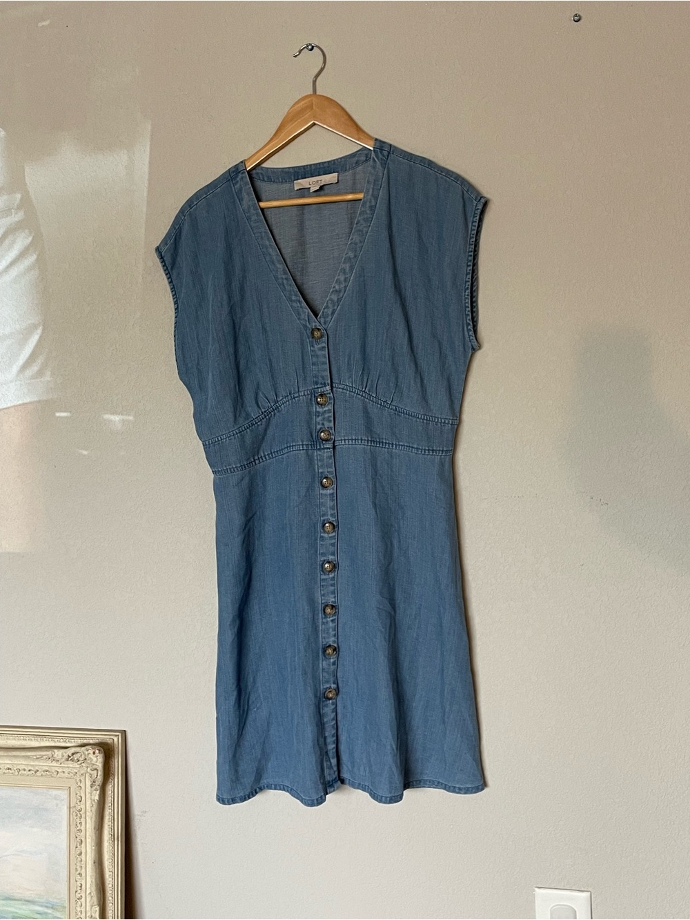 LOFT Blue Chambray Denim Button-Front Mini Dress Size 12 coastal Cowgirl
